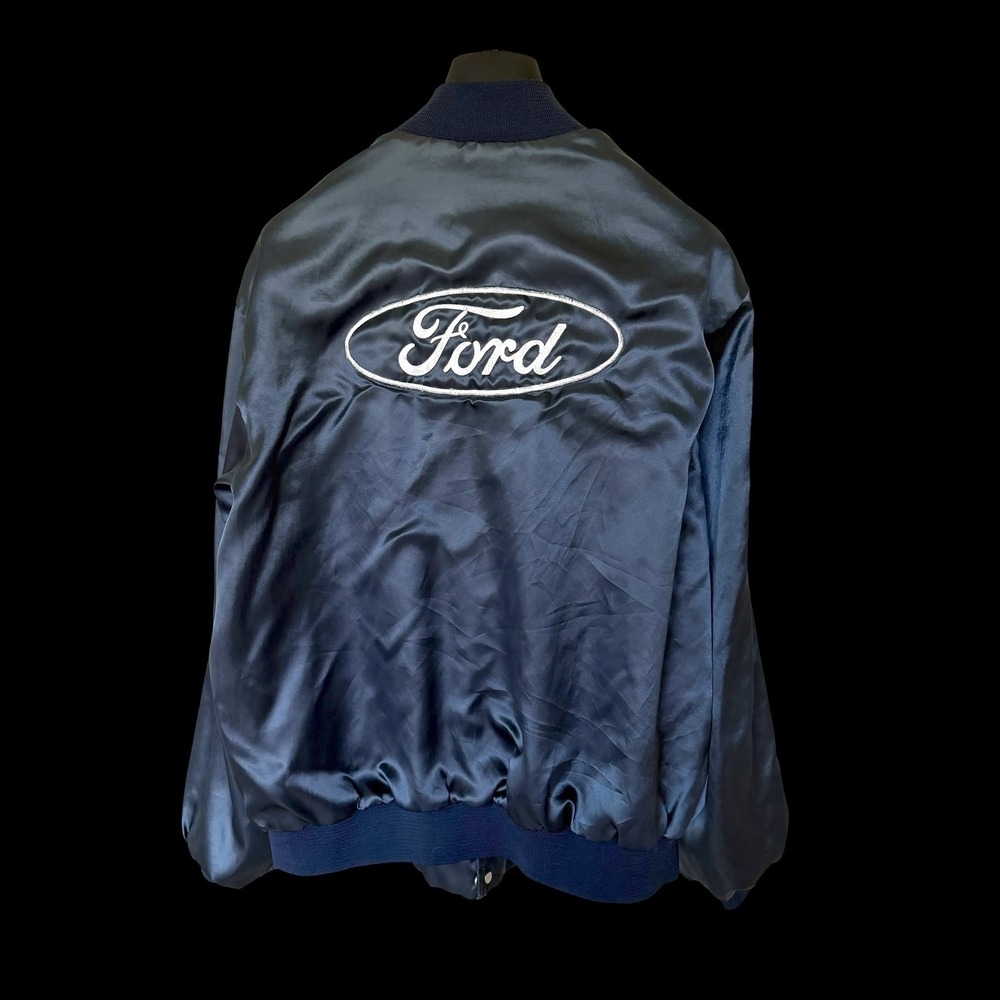 Vintage 70's Ford Satin Bomber Jacket Navy Made in USA XL Snap Front